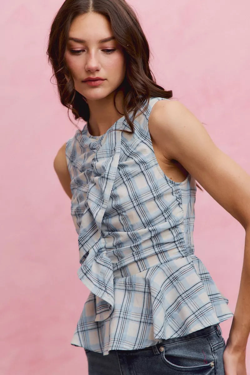 Women's Plaid Sleeveless Ruffle Peplum Top - Tops