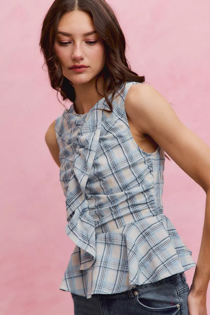 Women's Plaid Sleeveless Ruffle Peplum Top - Tops