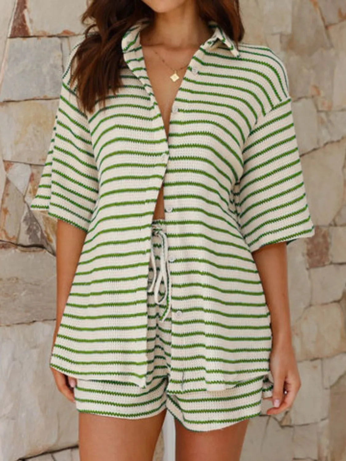 Striped Half Sleeve Top and Shorts Loungewear Set - Loungewear Sets