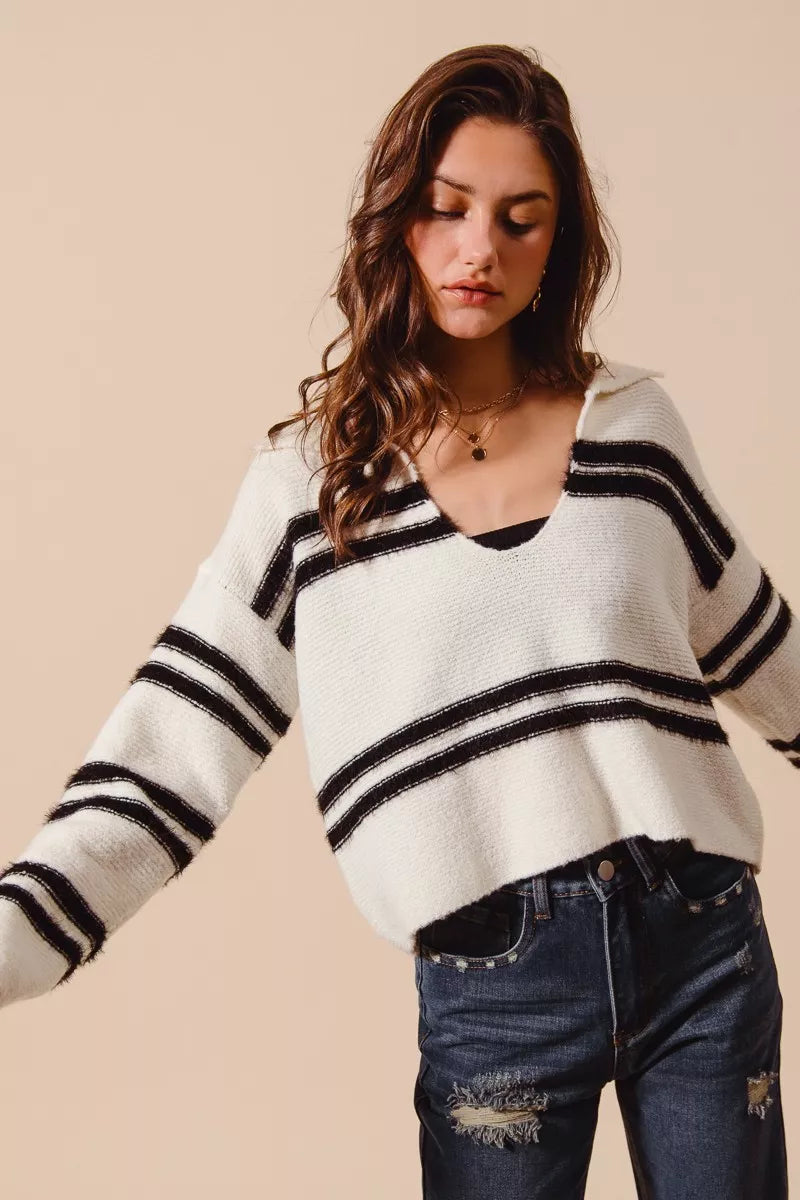 Striped Fuzzy Deep U Neck Long Sleeve Sweater | Trendy Sweaters Outfit Idea for Women by Ro + Ivy | Elevated Basics, Modern Comfort & Style