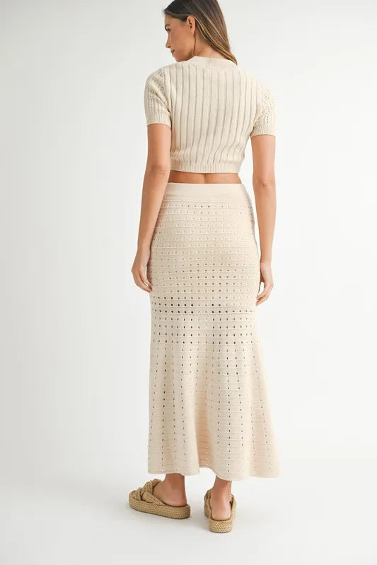 Pointelle Knit Crop Top & Front Slit Midi Skirt Sweater Set — Textured Edgy Two-Piece Style - Outfit Sets