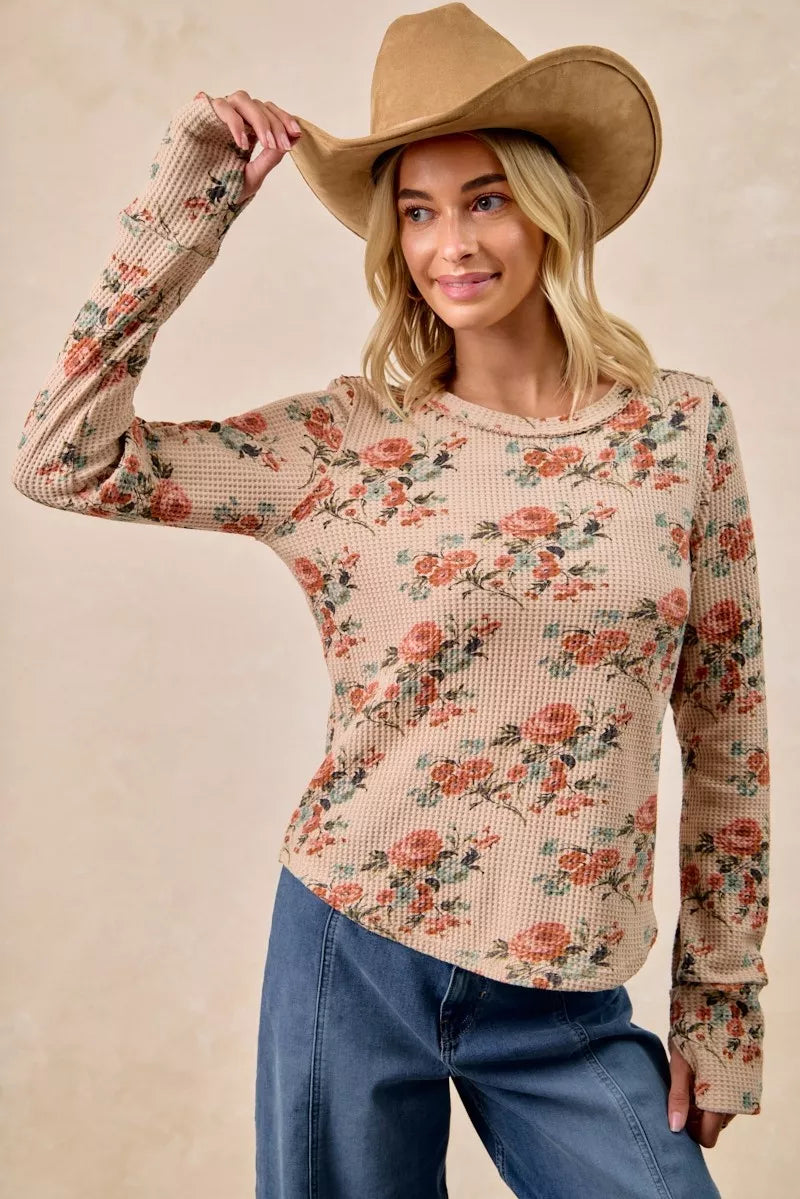 Taupe Washed Floral Long Sleeve Waffle Thermal Top with Sleeve Thumb Hole | Trendy Tops Outfit Idea for Women by Ro + Ivy | Elevated Basics, Modern Comfort & Style