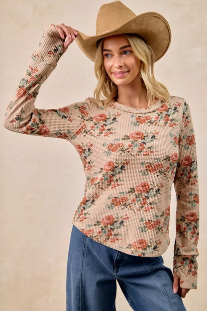 Taupe Washed Floral Long Sleeve Waffle Thermal Top with Sleeve Thumb Hole | Trendy Tops Outfit Idea for Women by Ro + Ivy | Elevated Basics, Modern Comfort & Style