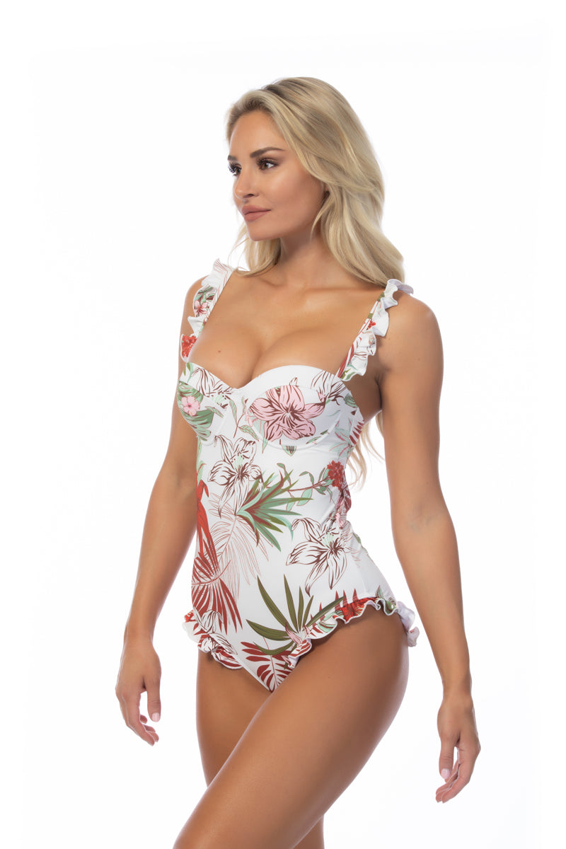 Tropical Ruffle Trim Underwire One Piece Swimsuit - S One Piece
