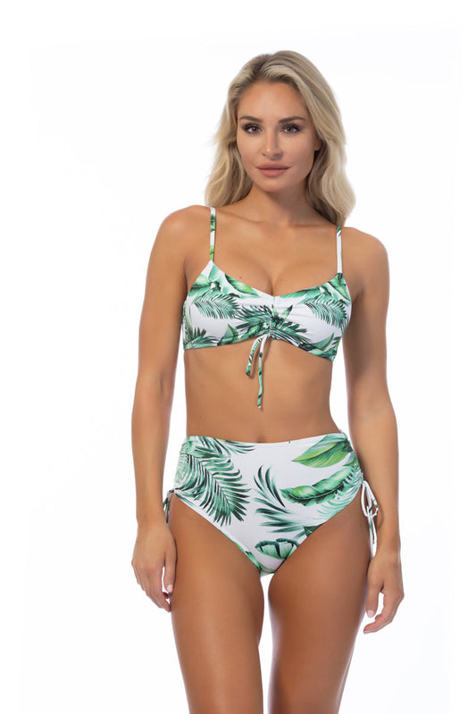 Tropical Leaf Print Ruched High-Waist Bikini Set — Lace-Up Tie Closure - S Bikinis