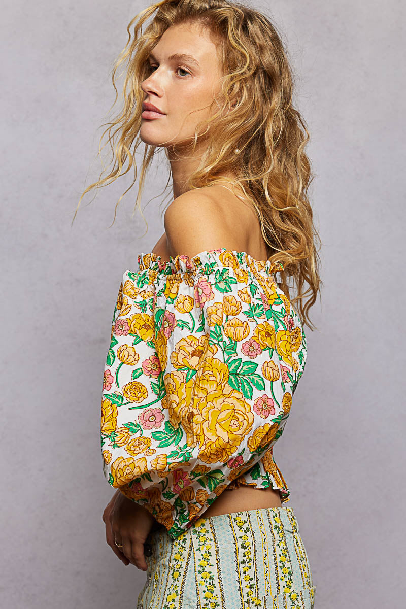 100% Cotton Floral Print Off-Shoulder Smocked Blouse - Blouses