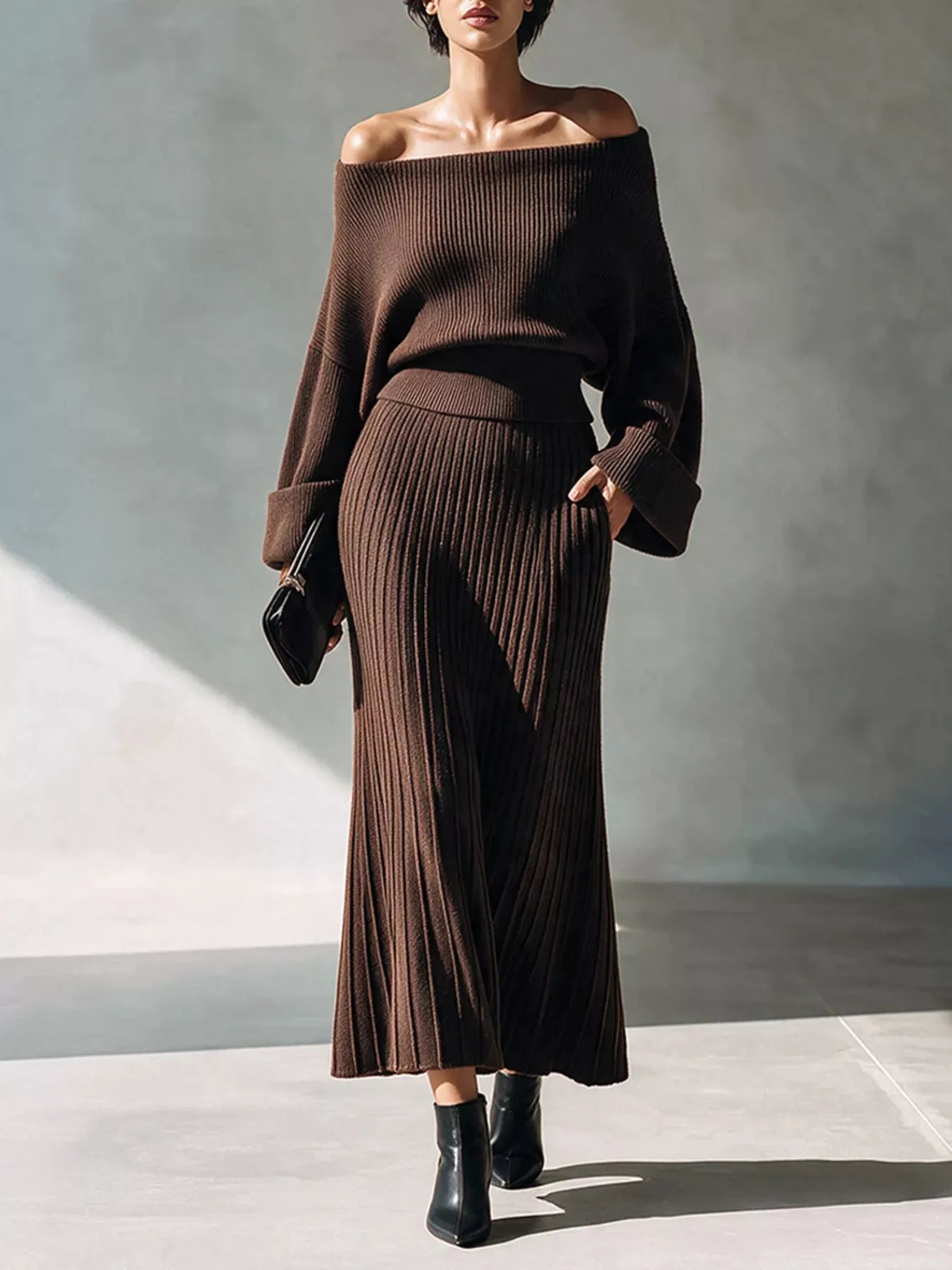 Off-Shoulder Ribbed Knit Two-Piece Top and Skirt Set Dark Brown
