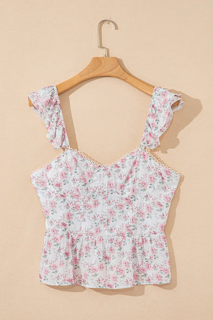 Floral Peplum Flutter Sleeves Tank Top - Tank Tops