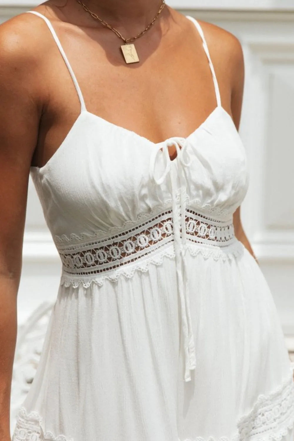 Lace Detail Smocked Midi Cami Dress - Midi Dresses