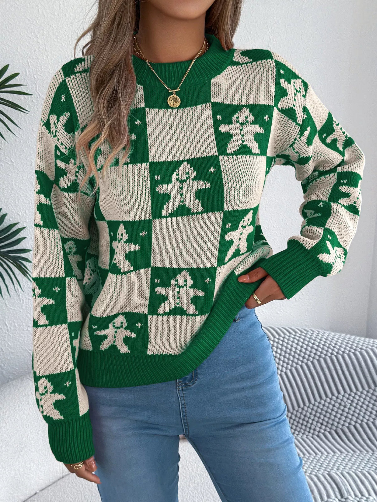 Christmas Checkerboard Gingerbread Print Round Neck Sweater
