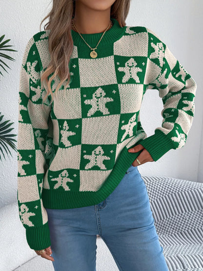 Christmas Checkerboard Gingerbread Print Round Neck Sweater