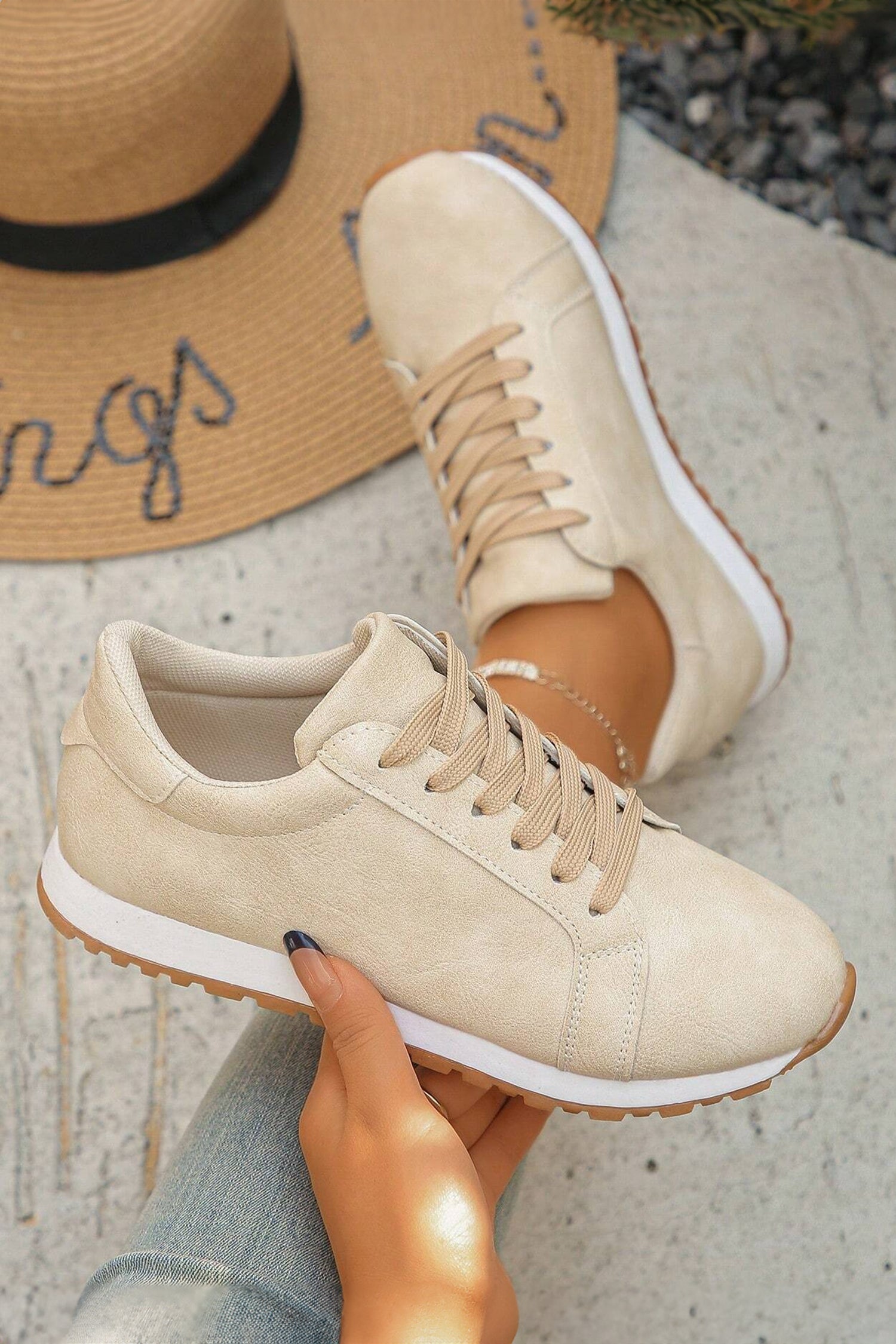 Faux Suede Retro Lace-Up Casual Sneakers — Sleek Everyday Shoe Style - Beige Womens Shoes