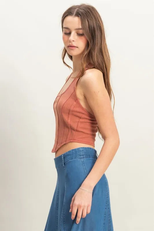 Mineral Wash Halter Neck Everyday Top — Trendy Faded Casual Versatile Style - Tops