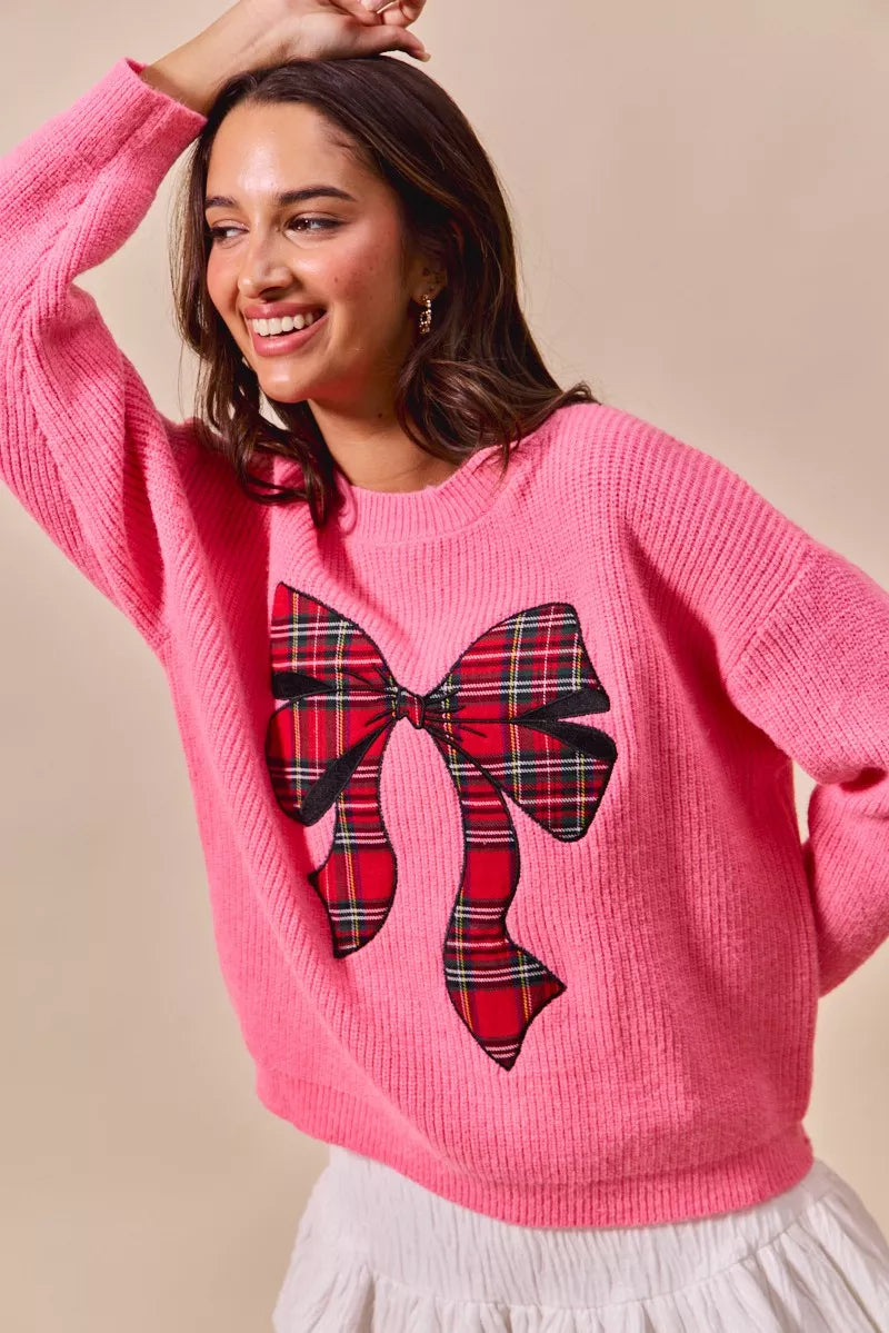 Plaid Bow Christmas Crewneck Holiday Sweater | Trendy Sweaters Outfit Idea for Women by Ro + Ivy | Elevated Basics, Modern Comfort & Style