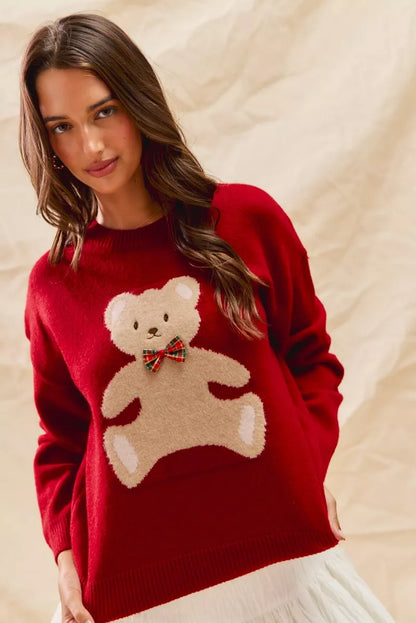 Round Neck Long Sleeve Teddy Bear Christmas Sweater | Trendy Sweaters Outfit Idea for Women by Ro + Ivy | Elevated Basics, Modern Comfort & Style