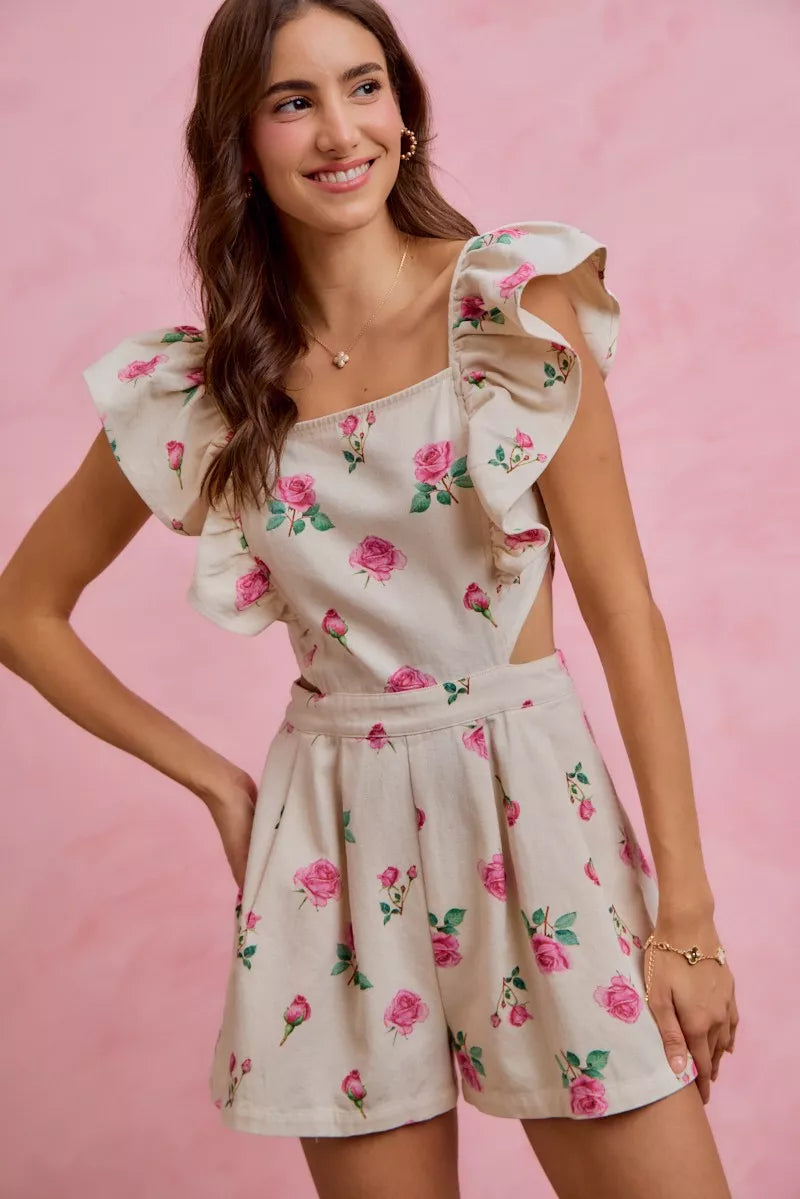 Floral Print Denim Cut-Out Waist Ruffled Romper — Playful Feminine Casual Sunny Style - IVORY PINK Rompers