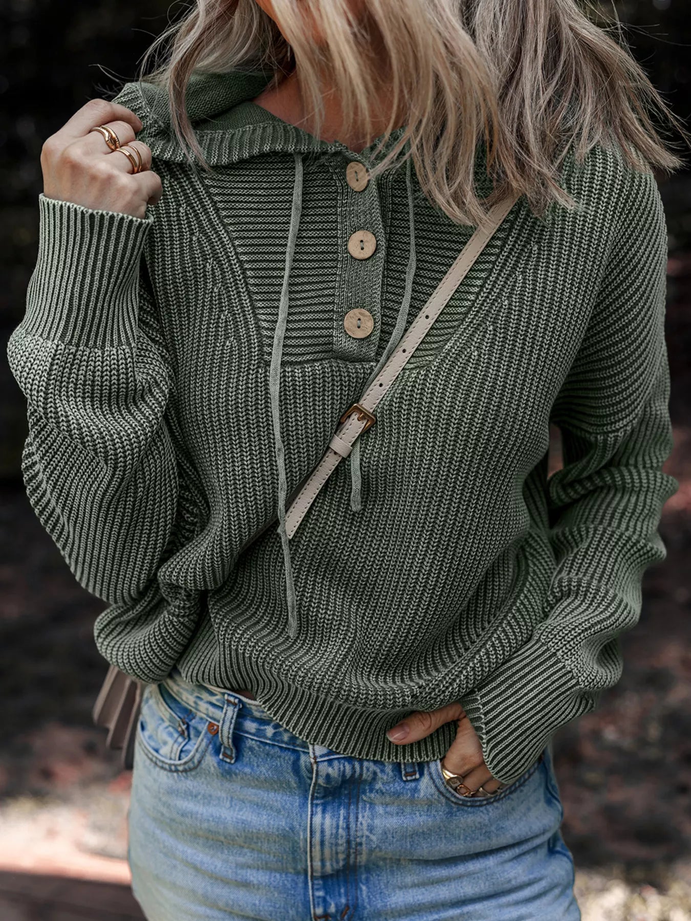 Women's Mineral Wash Ribbed Knit Hooded Sweater - Pullover Hoodies
