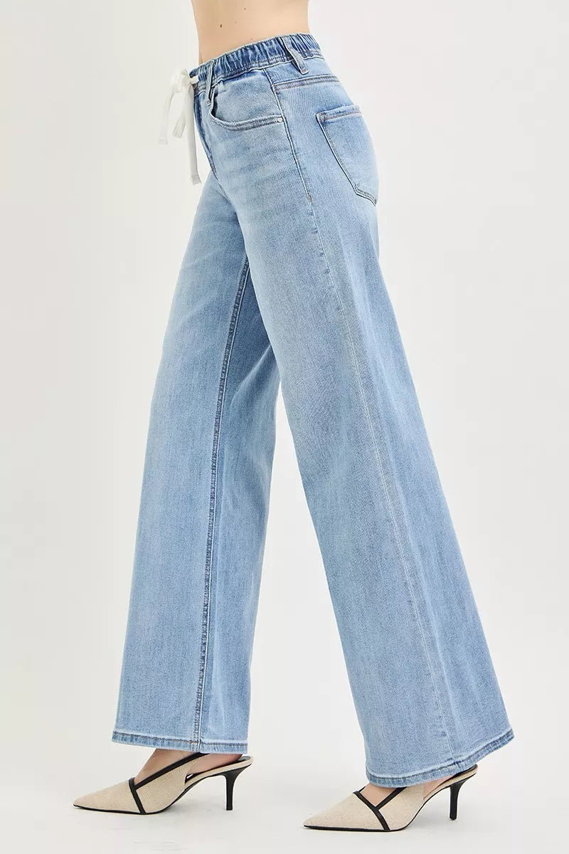 Elastic Waist Drawstring Slouchy Wide Leg Jeans — Relaxed Comfortable Casual Everyday Style - Jeans