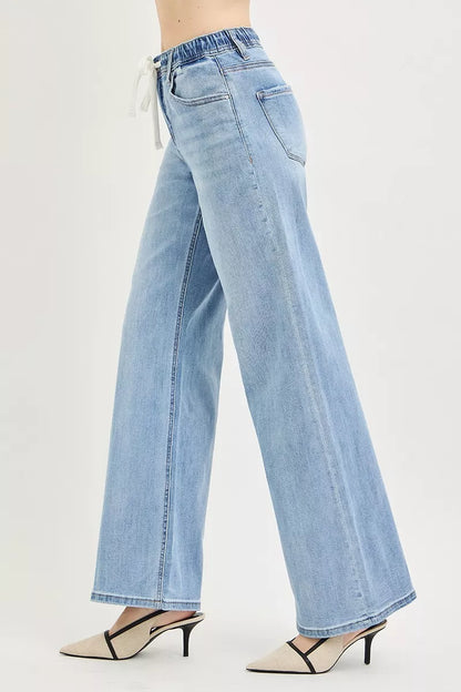 Elastic Waist Drawstring Slouchy Wide Leg Jeans — Relaxed Comfortable Casual Everyday Style - Jeans