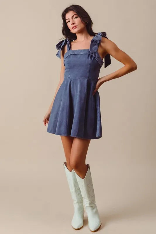 Denim Washed Fit and Flare Mini Dress with Bow Straps and Square Neck – NAVY outfit idea for women | Ro + Ivy