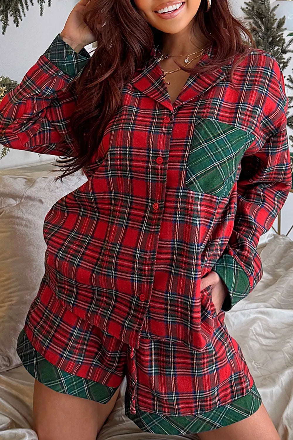 Plaid Christmas Pajama Set with Button-Front Shirt, Pockets and Drawstring Shorts Deep Red