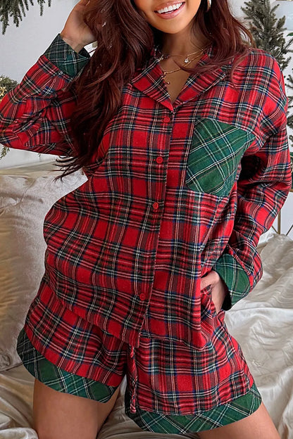 Plaid Christmas Pajama Set with Button-Front Shirt, Pockets and Drawstring Shorts Deep Red