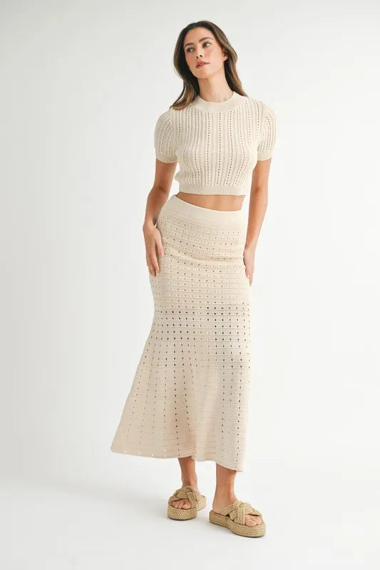 Pointelle Knit Crop Top & Front Slit Midi Skirt Sweater Set — Textured Edgy Two-Piece Style - Outfit Sets