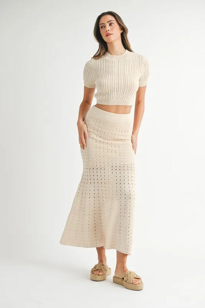 Pointelle Knit Crop Top & Front Slit Midi Skirt Sweater Set — Textured Edgy Two-Piece Style - Outfit Sets