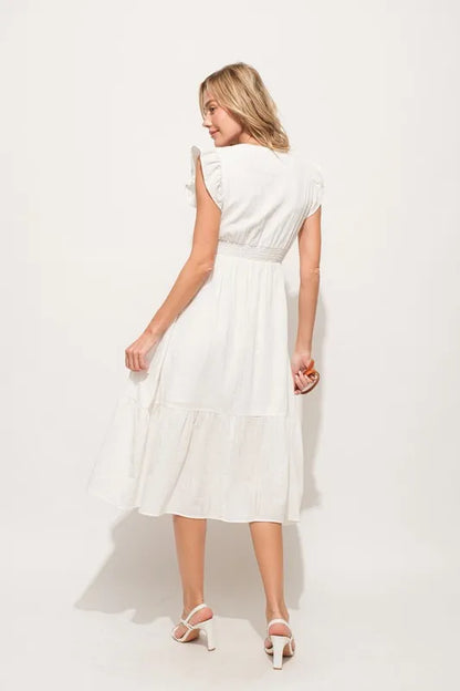 Ruffle Sleeve Front Smocked Tiered Midi Dress — Whimsical Romantic Feminine Flowing Style - Mini Dresses
