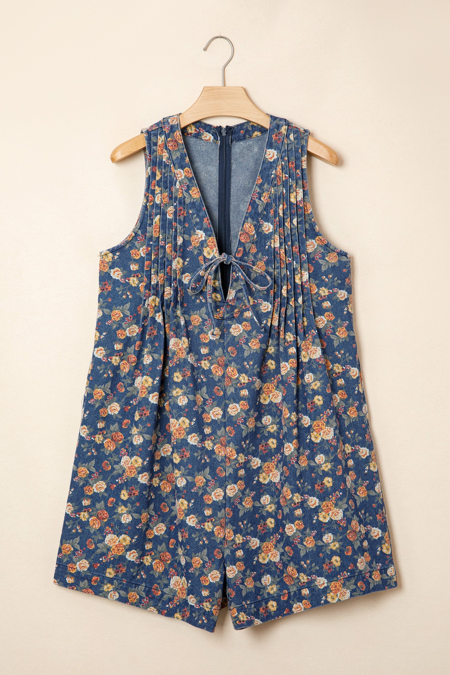 Floral Denim Bow Tie V-Neck Pleated Casual Romper — Chic Summer Everyday Style - Bottoms/Jumpsuits & Rompers