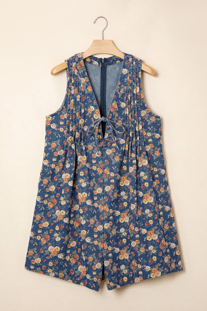 Floral Denim Bow Tie V-Neck Pleated Casual Romper — Chic Summer Everyday Style - Bottoms/Jumpsuits & Rompers