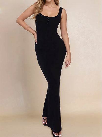 Women's Flowy Side Slit Wide Strap Maxi Dress - Black Maxi Dresses