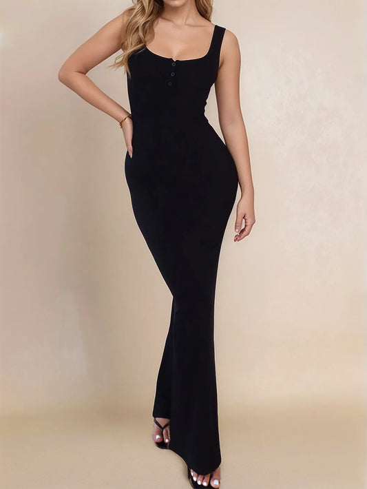 Women's Flowy Side Slit Wide Strap Maxi Dress Black