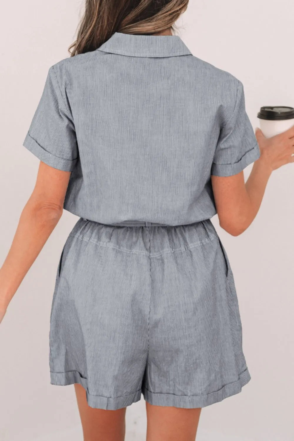 Button Up Striped Romper with Front Pockets and Waist Tie - Rompers