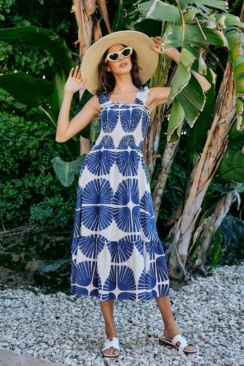 Women's Abstract Print Smocked Tiered Midi Dress - Midi Dresses