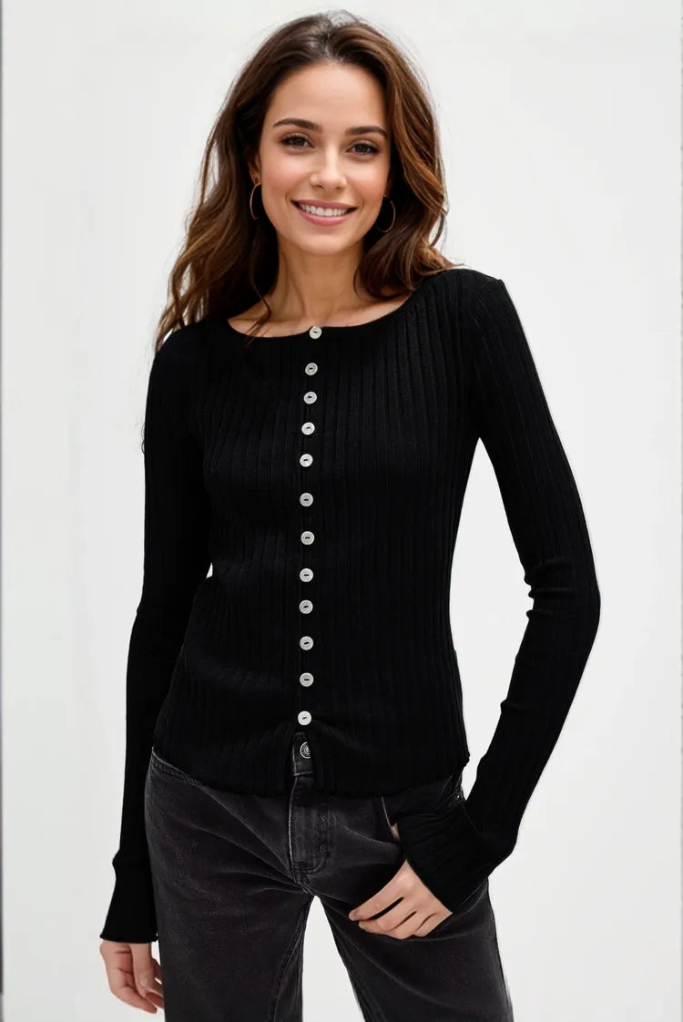 Women's Textured Button Up Round Neck Long Sleeve Top - Shirts