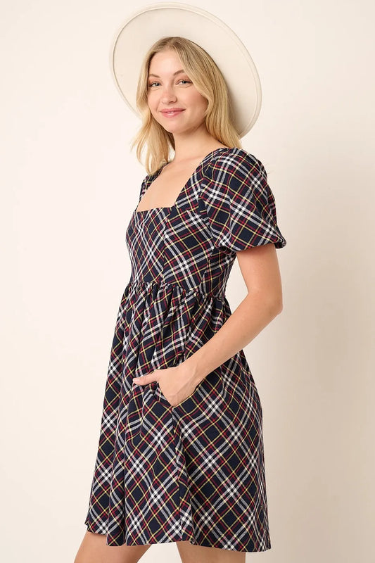 Checkered Print Puff Sleeve Babydoll Mini Dress – outfit idea for women | Ro + Ivy