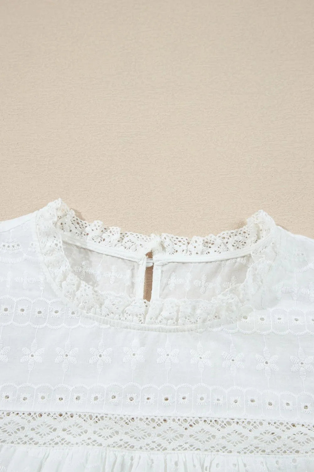 Round Neck Flutter Sleeve Eyelet Blouse with Lace - Blouses