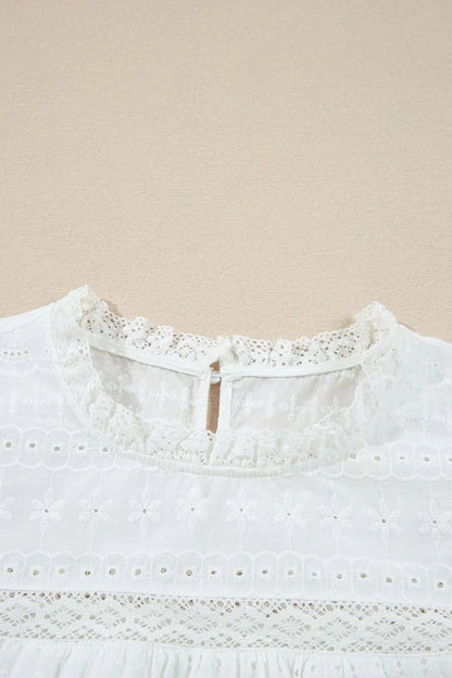Round Neck Flutter Sleeve Eyelet Blouse with Lace - Blouses