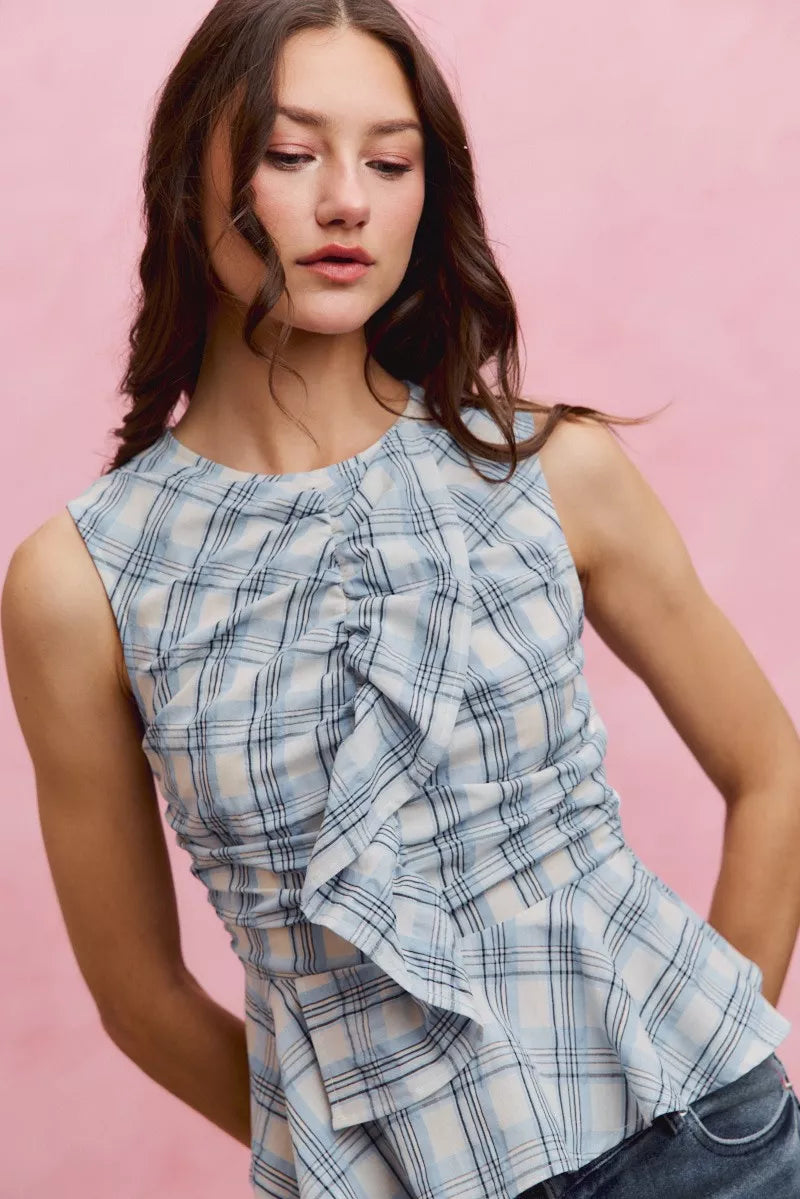 Women's Plaid Sleeveless Ruffle Peplum Top - Tops