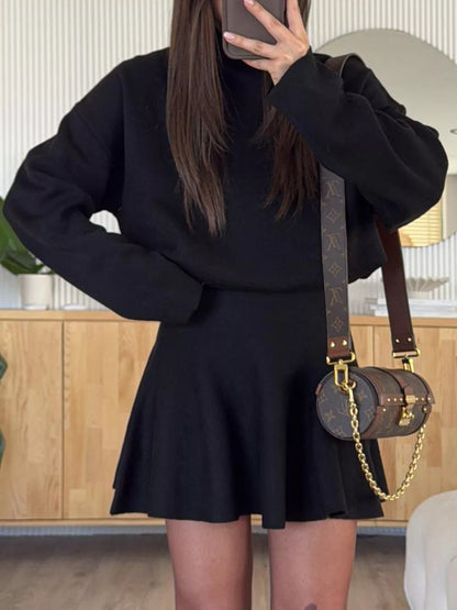 Women's Round Neck Long Sleeve Mini Sweater Dress - Black Sweater Dresses