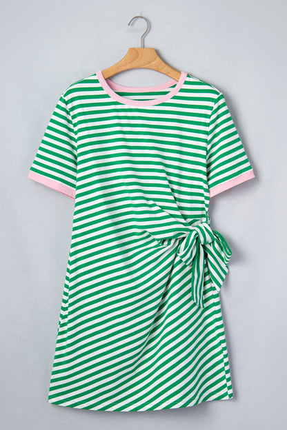 Striped Contrast Trim Tie Waist Coastal Mini Dress — Soft Stretch Everyday Style - Dresses/T Shirt Dresses