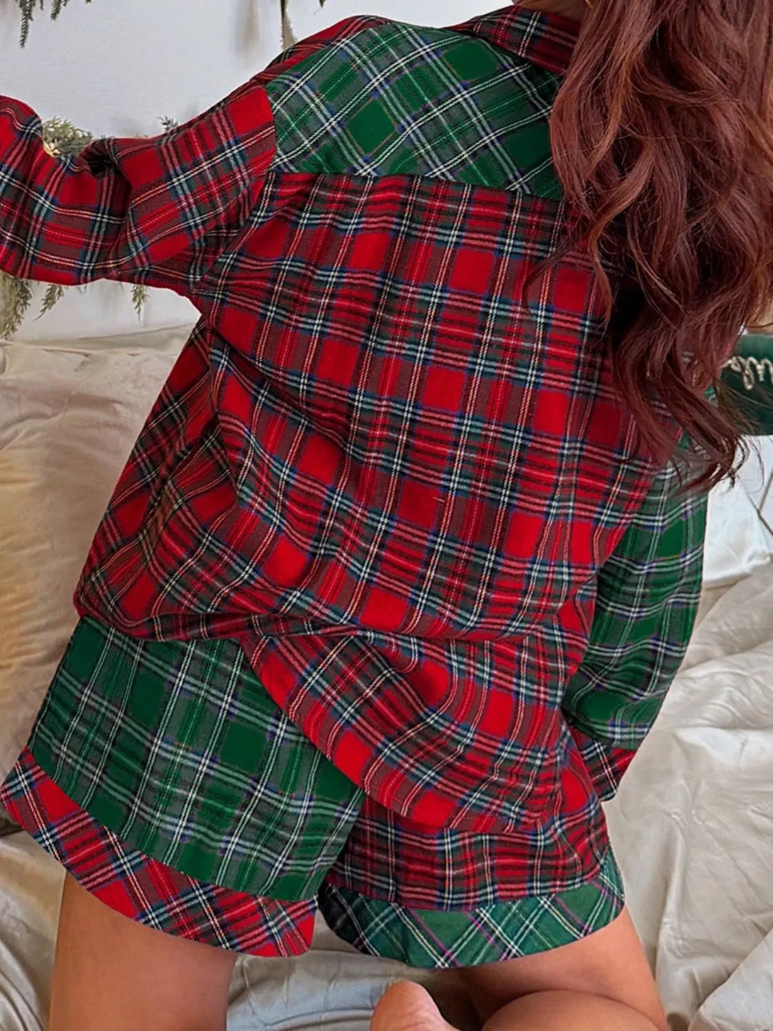 Plaid Christmas Pajama Set with Button-Front Shirt, Pockets and Drawstring Shorts