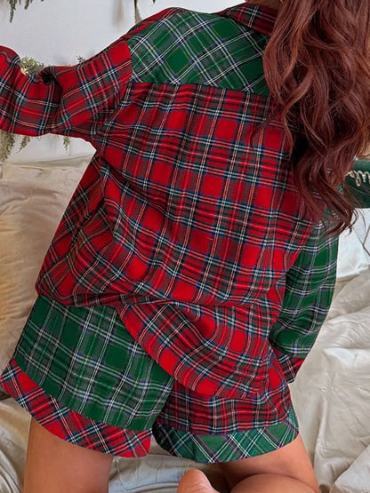 Plaid Christmas Pajama Set with Button-Front Shirt, Pockets and Drawstring Shorts