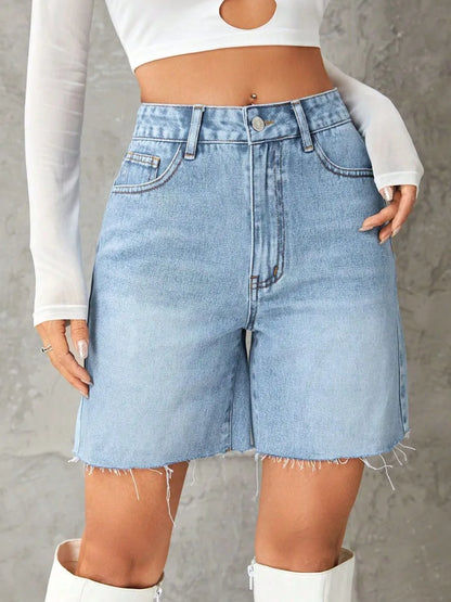 Frayed Hem Long Denim Shorts - Light Blue Shorts