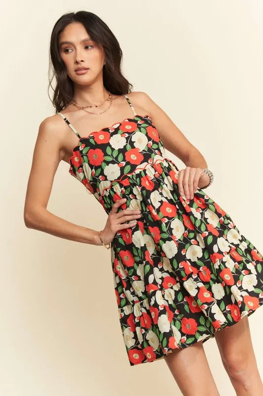 100% Cotton Scalloped Floral Mini Dress - Mini Dresses