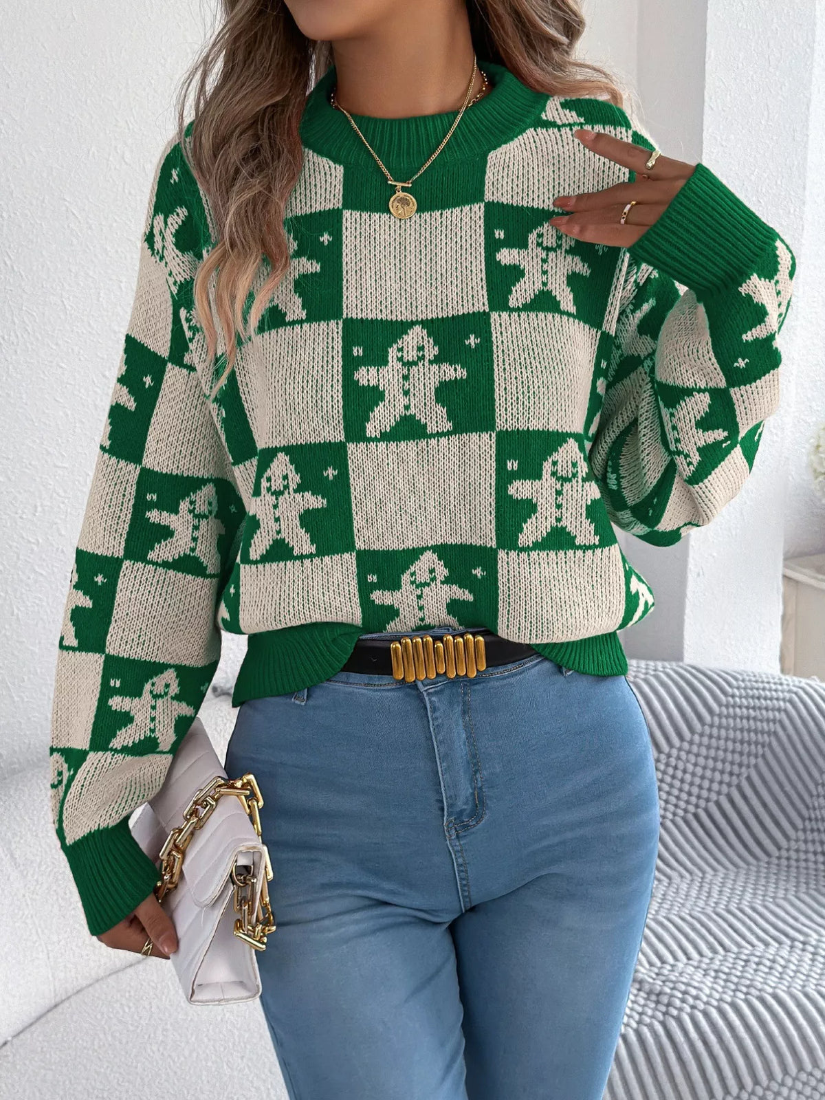 Christmas Checkerboard Gingerbread Print Round Neck Sweater