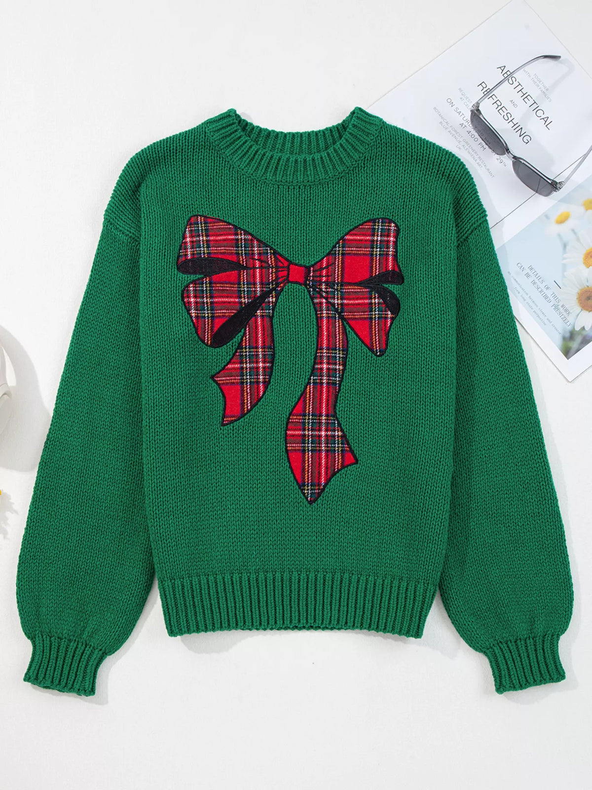 Plaid Bow Appliqué Christmas Knit Sweater