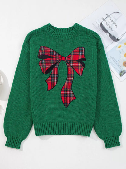 Plaid Bow Appliqué Christmas Knit Sweater