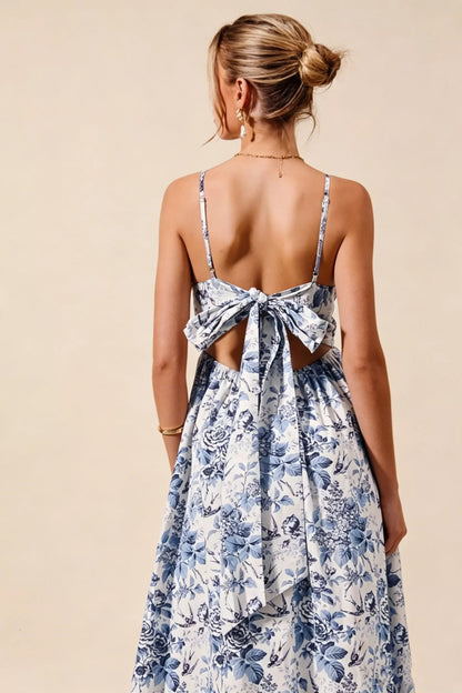 Floral Woven V-Neck Back Ribbon Tie Midi Dress — Romantic Adjustable Feminine Everyday Style - Midi Dresses